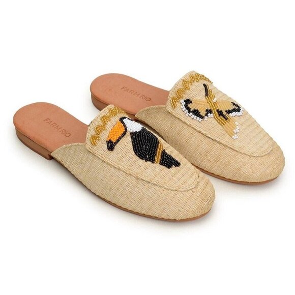 Farm Rio Toucan Tucan Raffia Mule Womens 6.5 Slip Ons Beaded - Picture 1 of 9